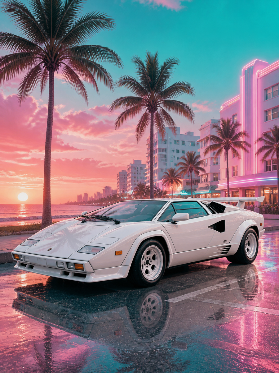 Diamond Painting Lamborghini Countach in Retro Miami met witte Lamborghini Countach in een kleurrijke retro-kuststad