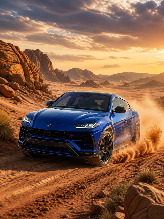 Diamond Painting Lamborghini Urus in de Woestijn met blauwe Lamborghini Urus die door een rotsachtig woestijnlandschap rijdt