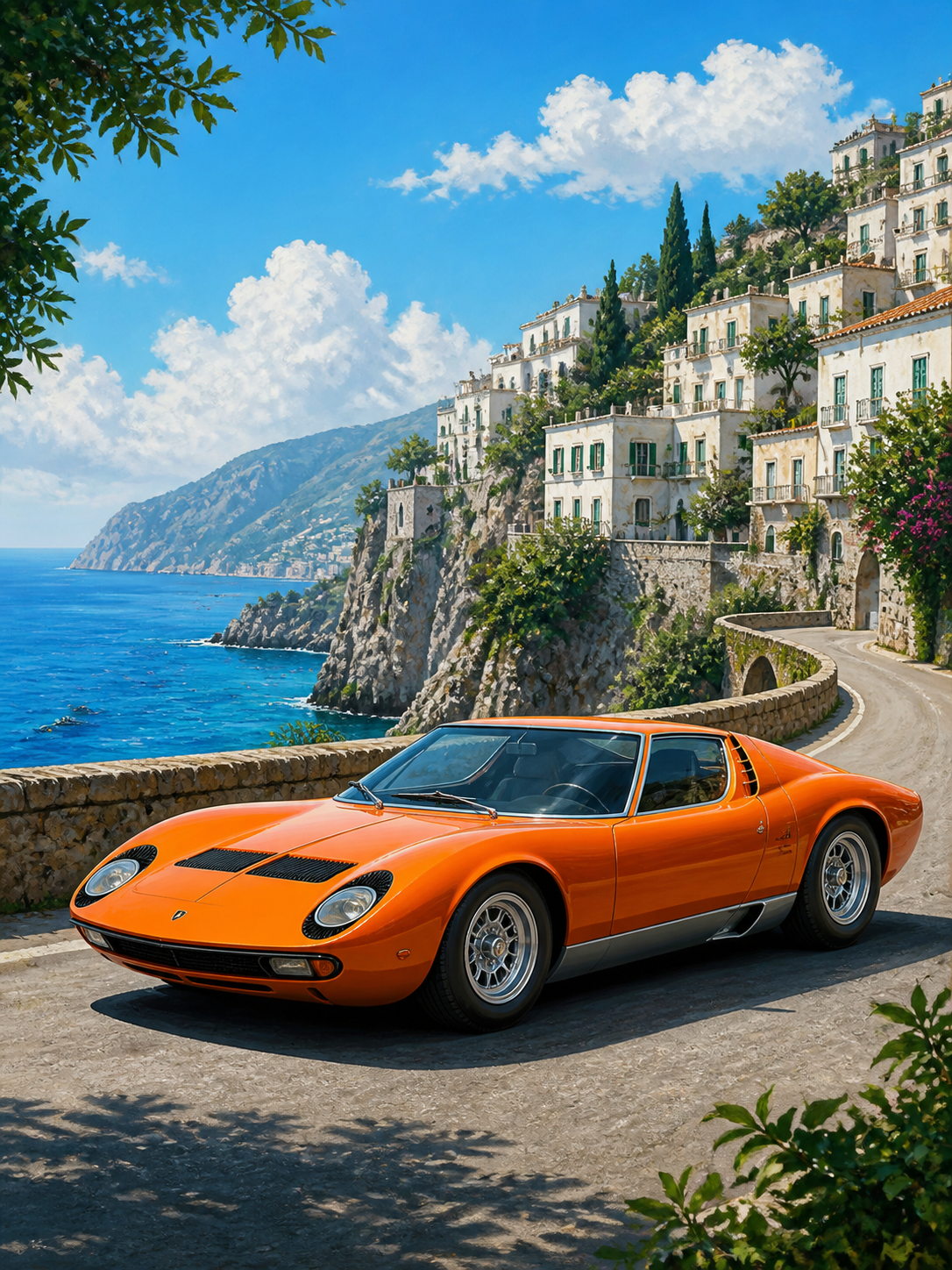 Diamond Painting Lamborghini Miura aan de Italiaanse Kust met klassieke oranje Lamborghini Miura aan een helderblauwe Italiaanse kust
