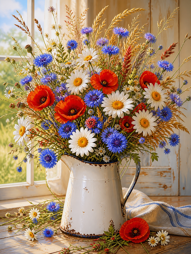 Diamond Painting Veldbloemen in Emaille Kan – veldbloemen in een witte emaille kan