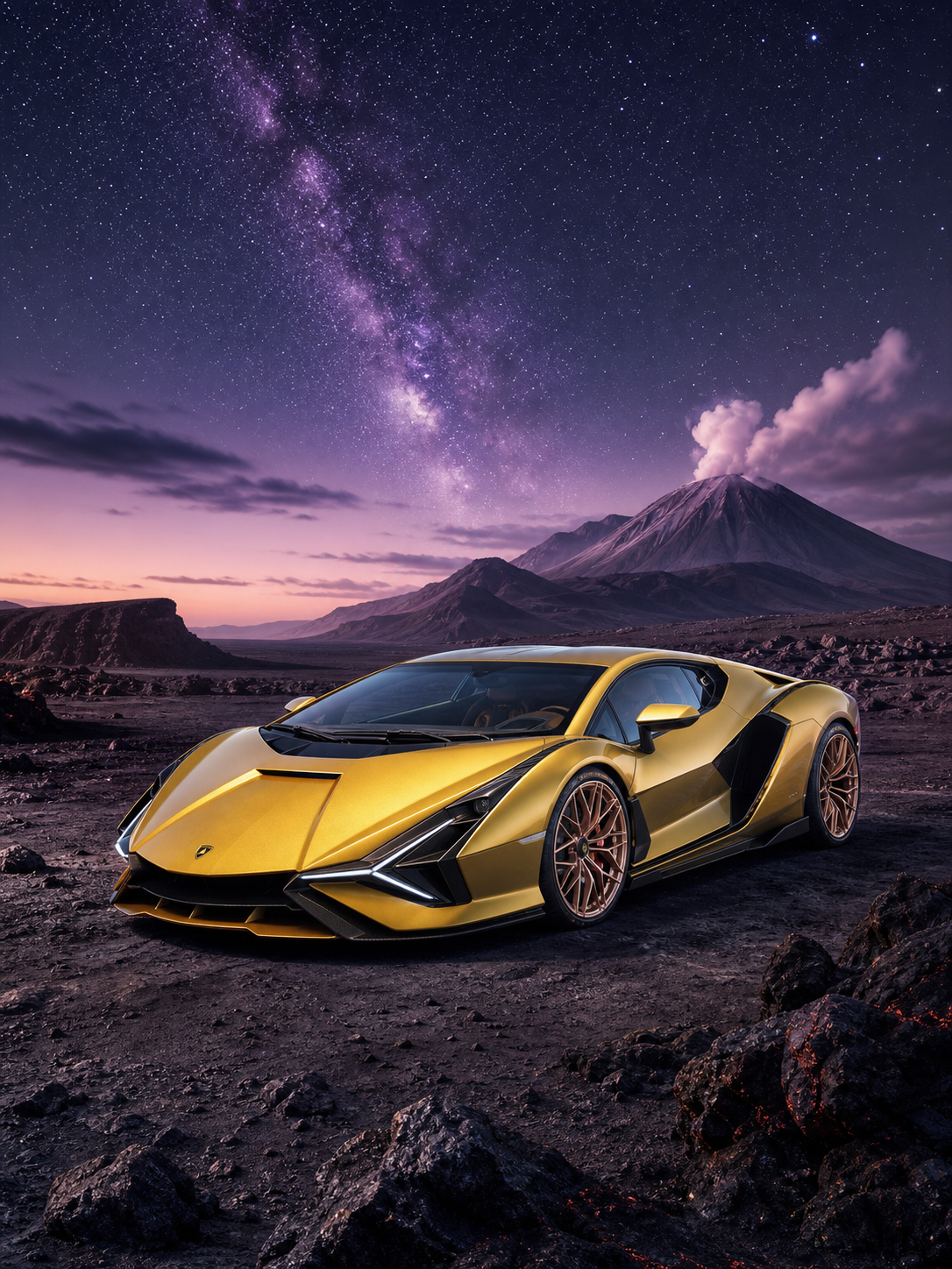 Diamond Painting Lamborghini Sián onder de Sterren met gouden Lamborghini Sián onder de Melkweg in een vulkanisch landschap