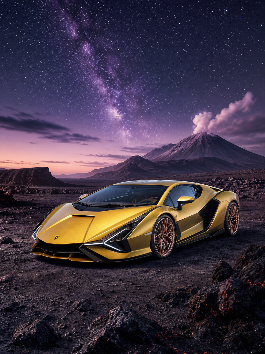 Diamond Painting Lamborghini Sián onder de Sterren met gouden Lamborghini Sián onder de Melkweg in een vulkanisch landschap