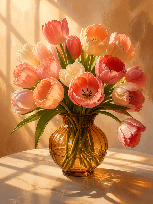 Diamond Painting Tulpen in Amberkleurige Vaas – koraalroze en crèmekleurige tulpen in een amberkleurige glazen vaas