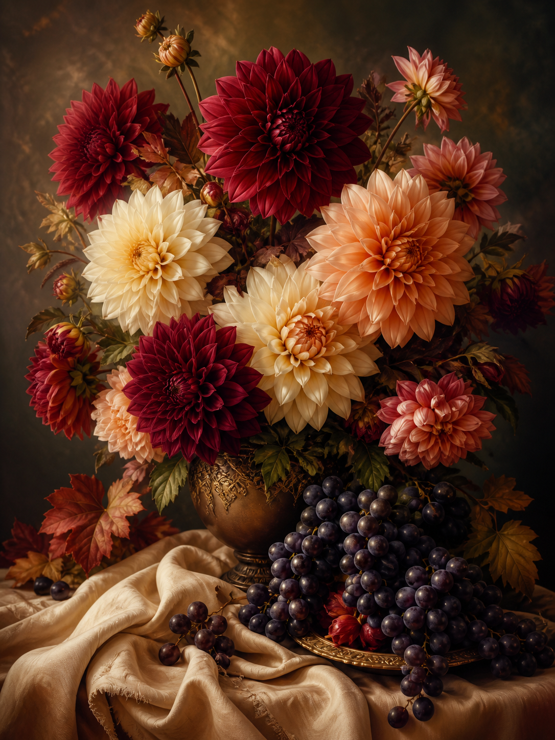 Diamond Painting Dahlia’s met Druiven Stilleven – dahlia’s in warme tinten met donkere druiven op linnen