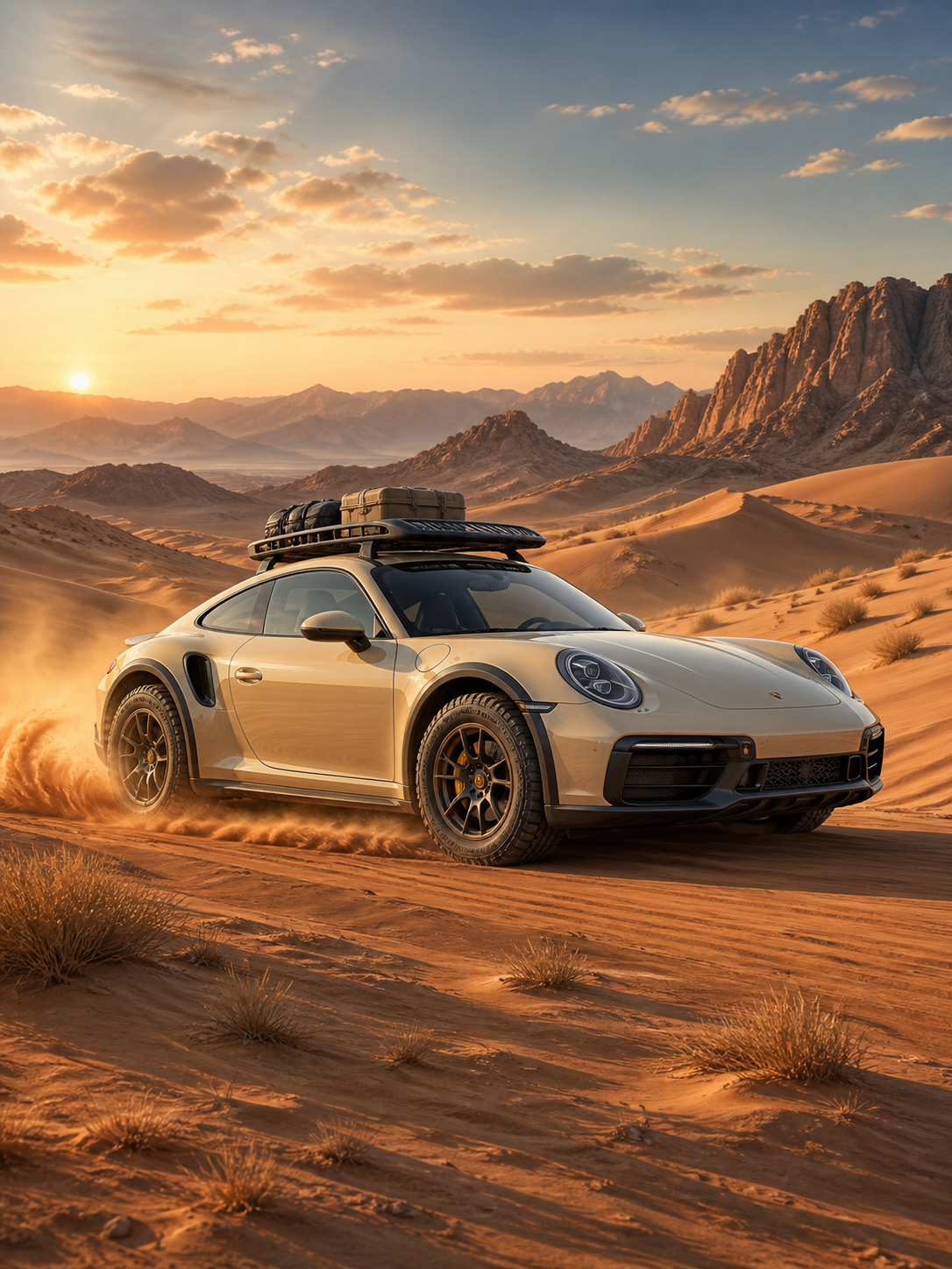 Diamond Painting Porsche 911 Dakar in de Duinen met zandkleurige Porsche 911 Dakar tussen hoge duinen
