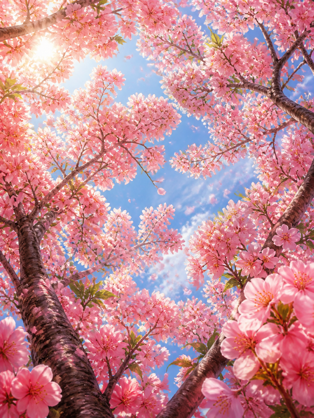 Diamond Painting Roze Bloesemdak in de Lente – een roze bloesemdak tegen een heldere lentelucht