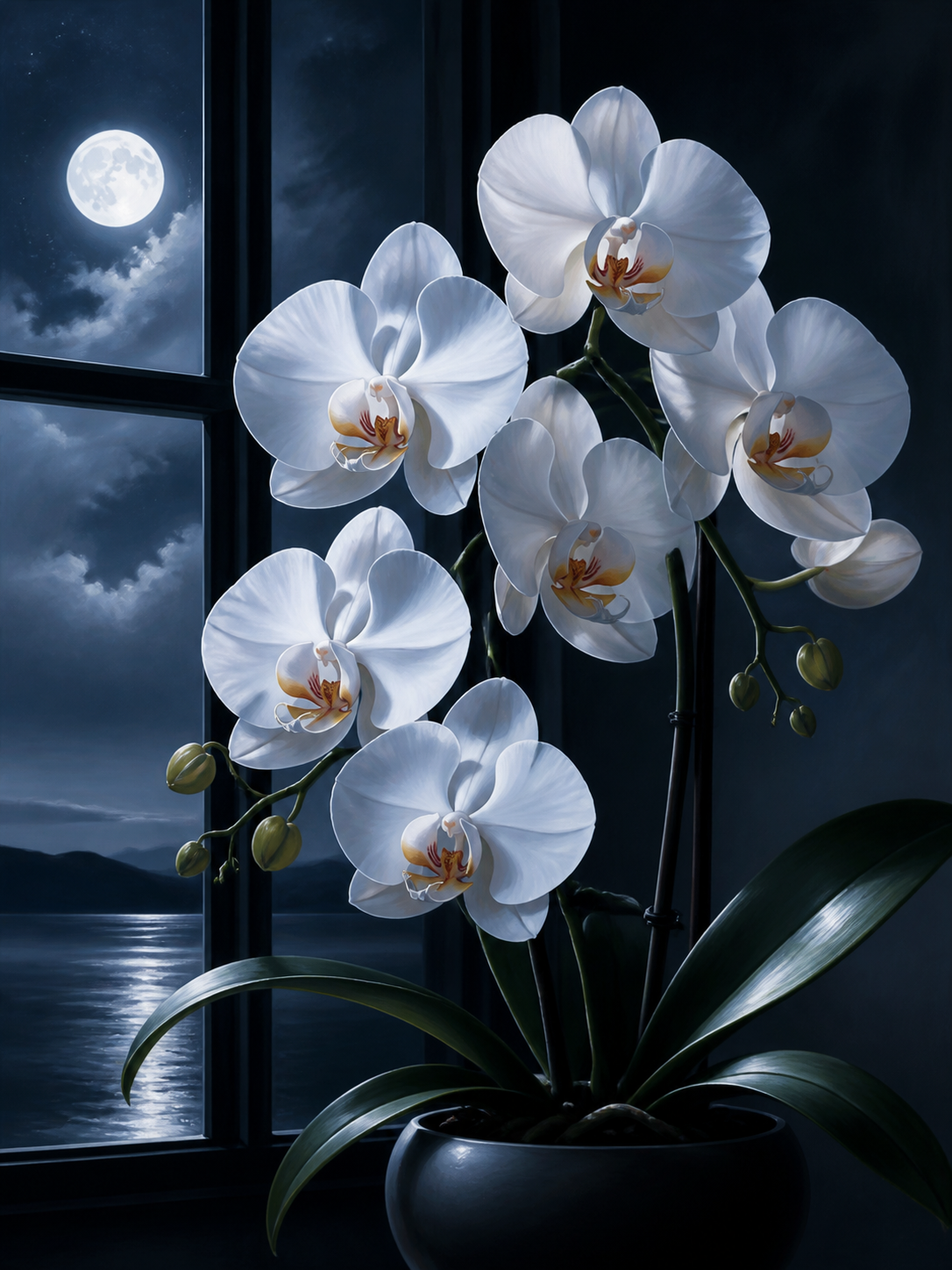 Diamond Painting Witte Orchidee bij Maanlicht – witte orchideebloemen in koel maanlicht
