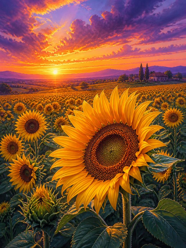 Diamond Painting Zonnebloemveld bij Zonsondergang – een uitgestrekt zonnebloemveld bij zonsondergang