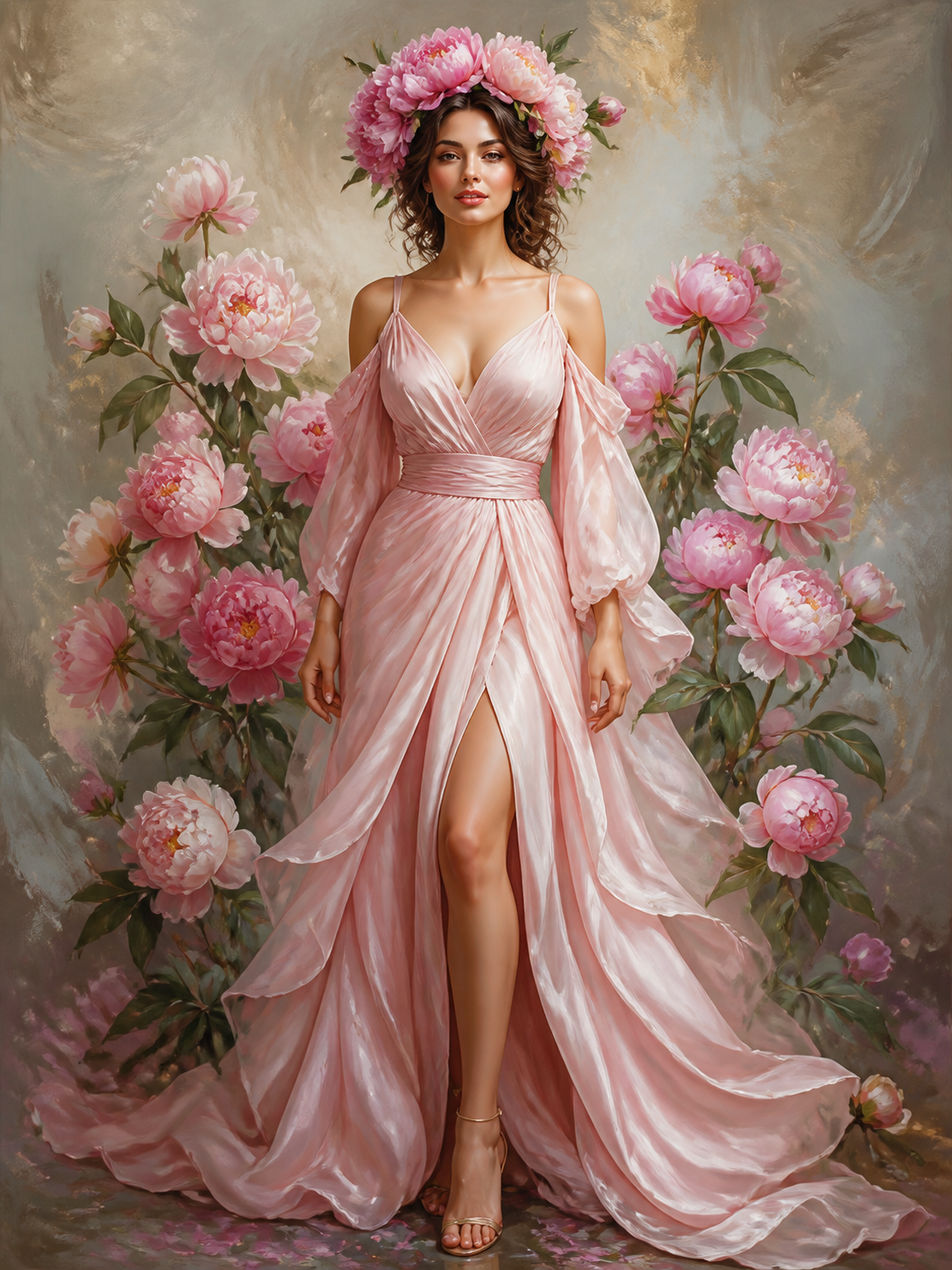 Diamond Painting Vrouw met Pioenrozenkroon – een elegante vrouw met een natuurlijke kroon van roze pioenrozen