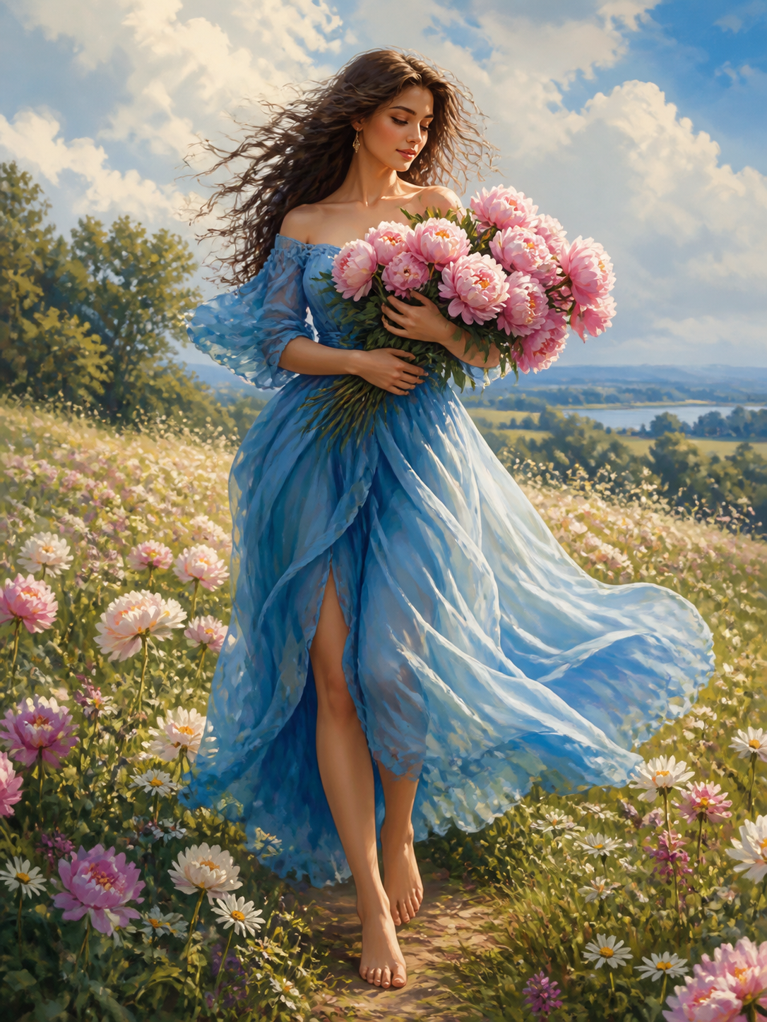 Diamond Painting Vrouw in Blauwe Jurk met Bloemen – een vrouw in een blauwe jurk met een arm vol zachte bloemen