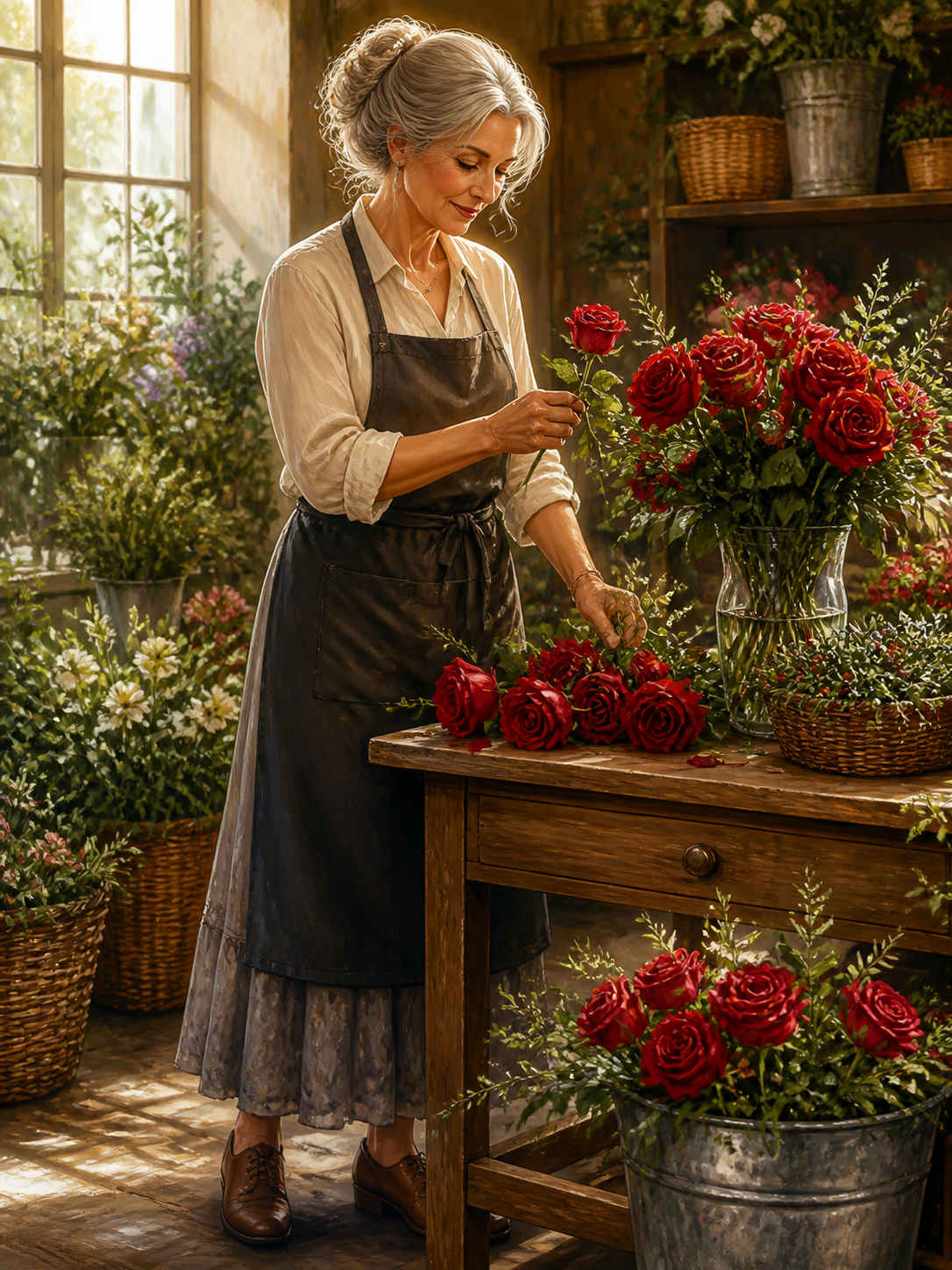 Diamond Painting Bloemiste met Rode Rozen – een oudere bloemiste die rode rozen schikt