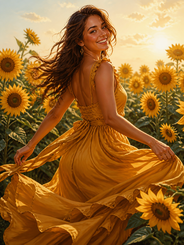 Diamond Painting Dansende Vrouw tussen Zonnebloemen – een dansende vrouw tussen hoge zonnebloemen