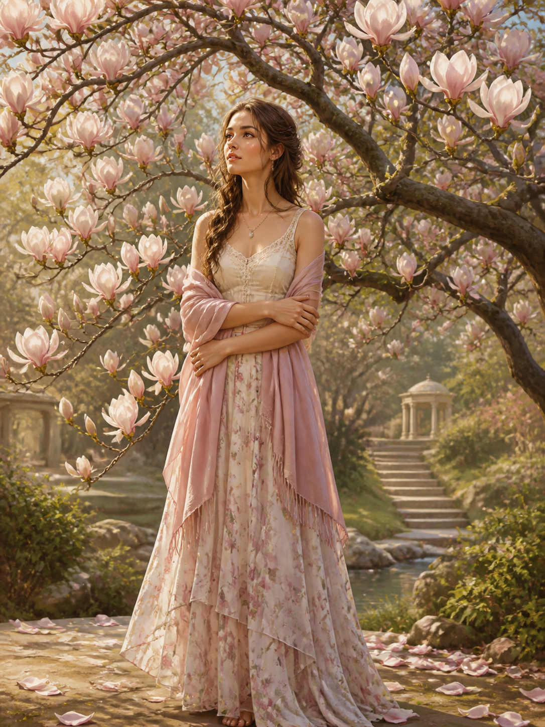 Diamond Painting Vrouw onder Bloeiende Magnolia – een rustige vrouw onder een bloeiende magnoliaboom