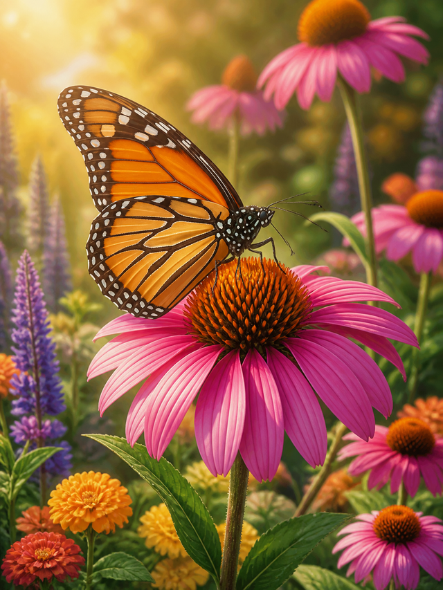 Diamond Painting Monarchvlinder op Roze Zonnehoed – een oranje monarchvlinder op een roze zonnehoed
