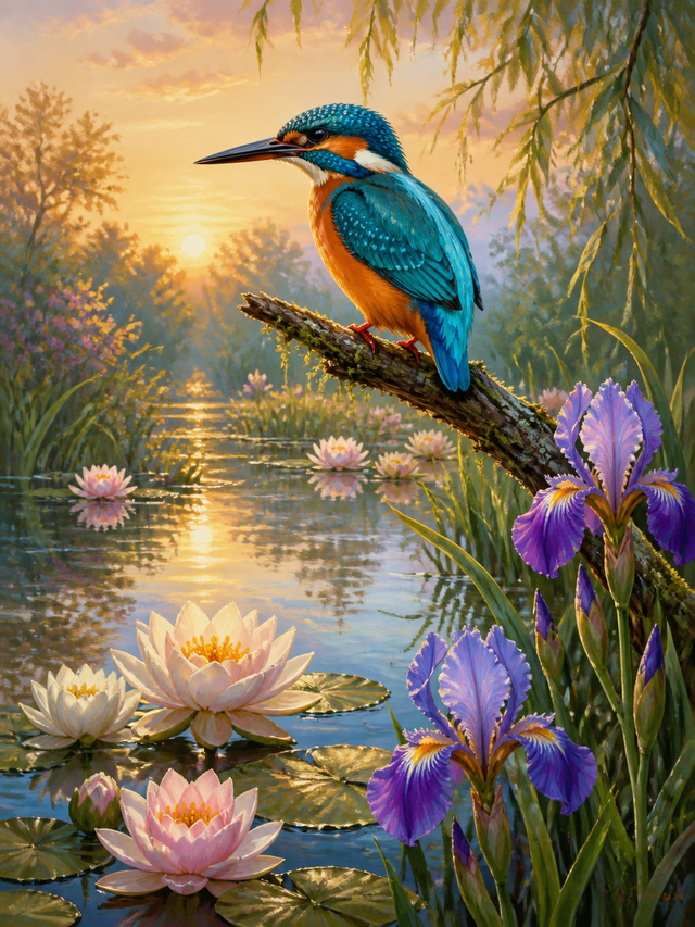 Diamond Painting IJsvogel tussen Lotus en Bloemen – een kleurrijke ijsvogel tussen lotus en paarse bloemen