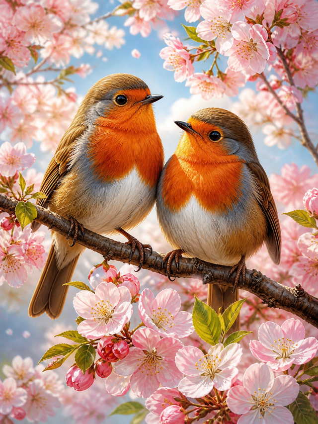 Diamond Painting Roodborstjes op Bloesemtak – twee roodborstjes samen op een bloeiende tak