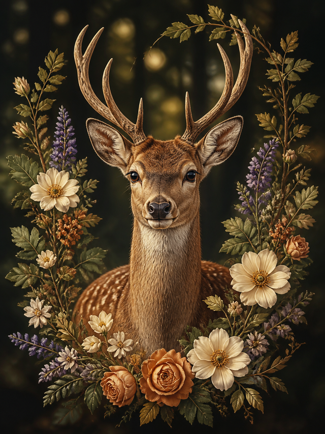 Diamond Painting Jong Hert met Bloemenkrans – een jong hert omlijst door bosbloemen en bladeren