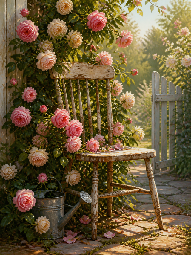 Diamond Painting Vintage Stoel vol Rozen – een vintage houten stoel omringd door roze en crèmekleurige rozen