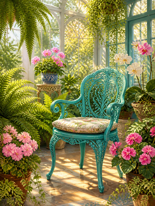 Diamond Painting Turquoise Stoel tussen Bloemen en Planten – een turquoise stoel tussen bloemen en groene planten