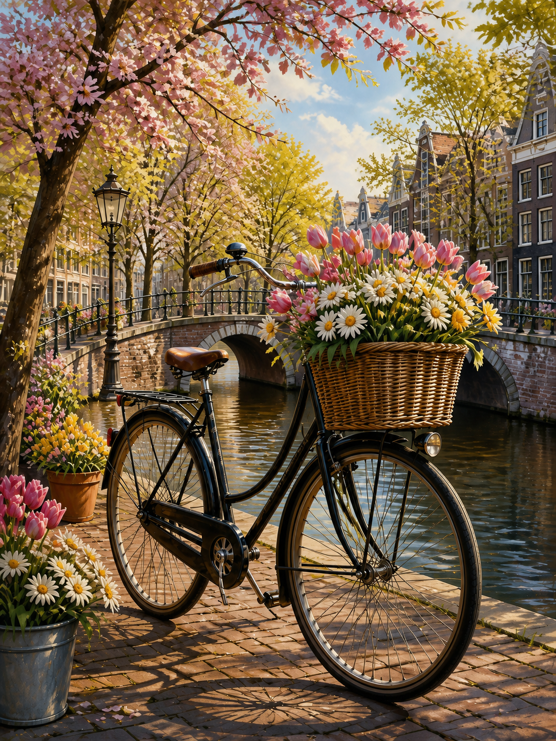 Diamond Painting Fiets met Bloemen aan de Gracht – een klassieke fiets met een volle bloemenmand aan de gracht