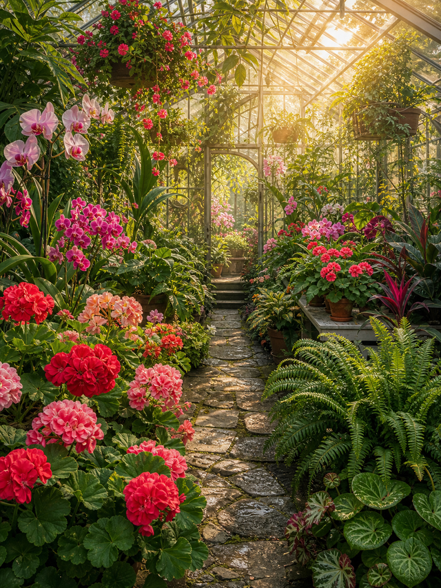 Diamond Painting Kas vol Bloemen en Planten – een lichte kas vol bloemen en groene planten