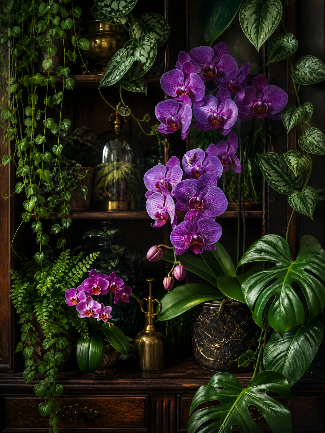 Diamond Painting Botanische Plantenkast met Orchideeën – een botanische kast met tropische planten en orchideeën