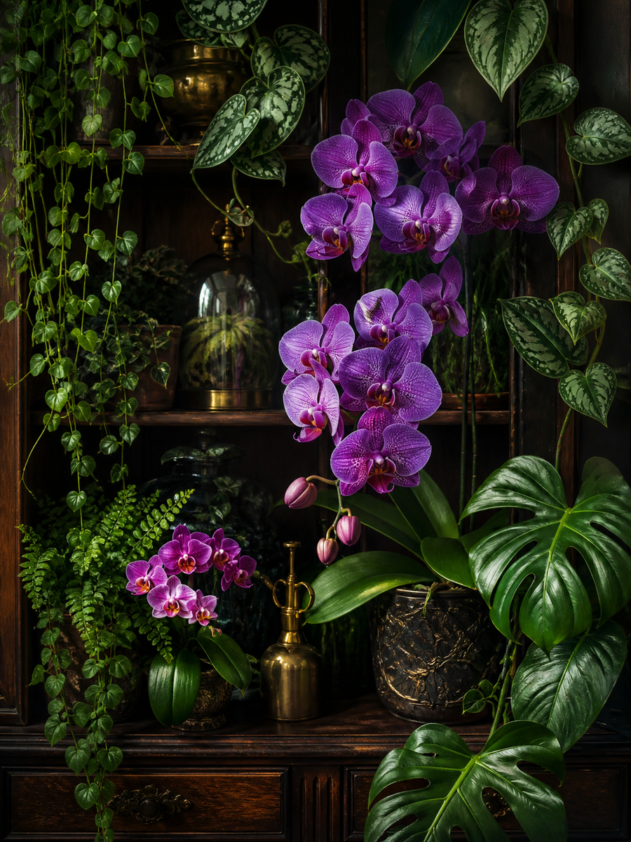 Diamond Painting Botanische Plantenkast met Orchideeën – een botanische kast met tropische planten en orchideeën
