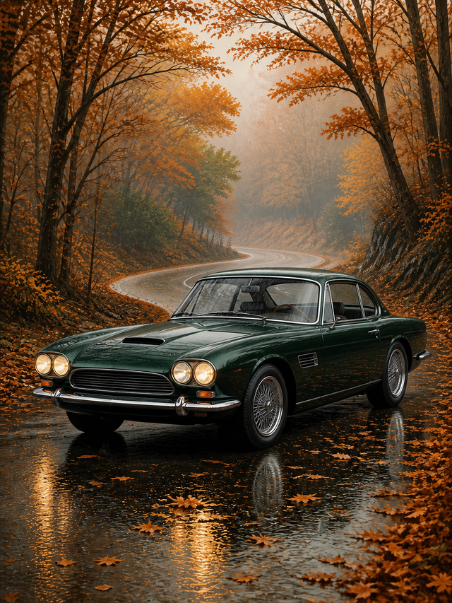 Diamond Painting Klassieke Auto in het Herfstbos met donkergroene klassieke coupé op een natte weg door het herfstbos