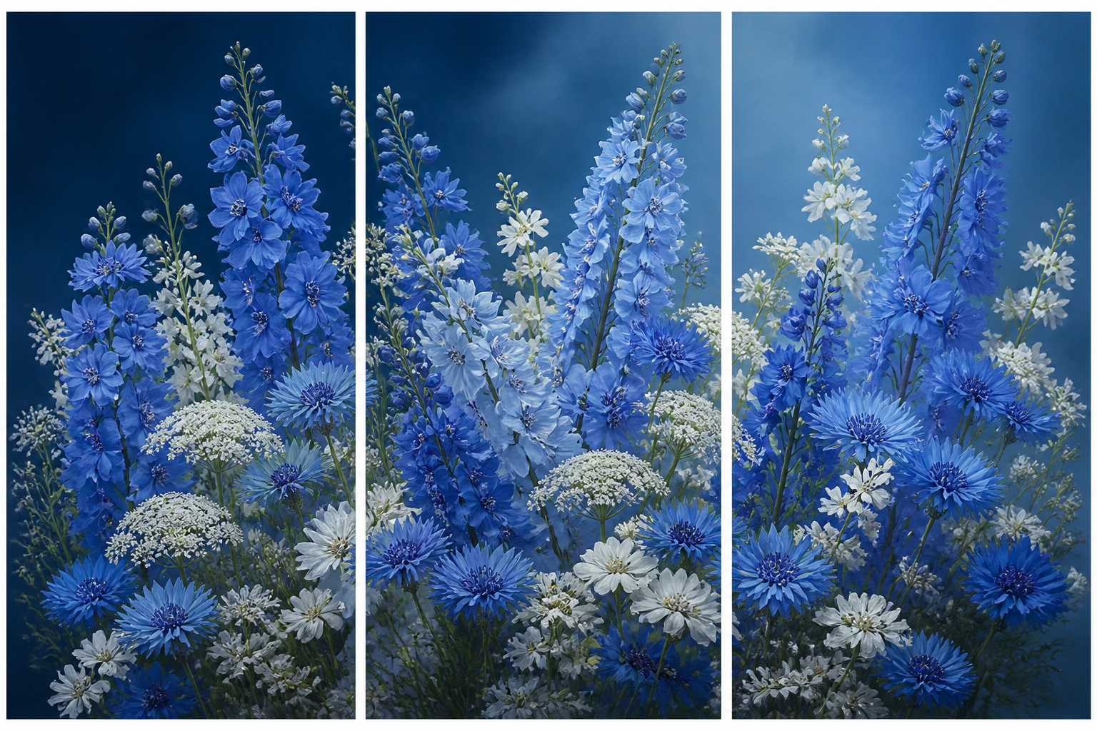 Diamond Painting Blauwe Bloemen 3-Luik – blauwe en witte bloemen verdeeld over drie bij elkaar passende panelen