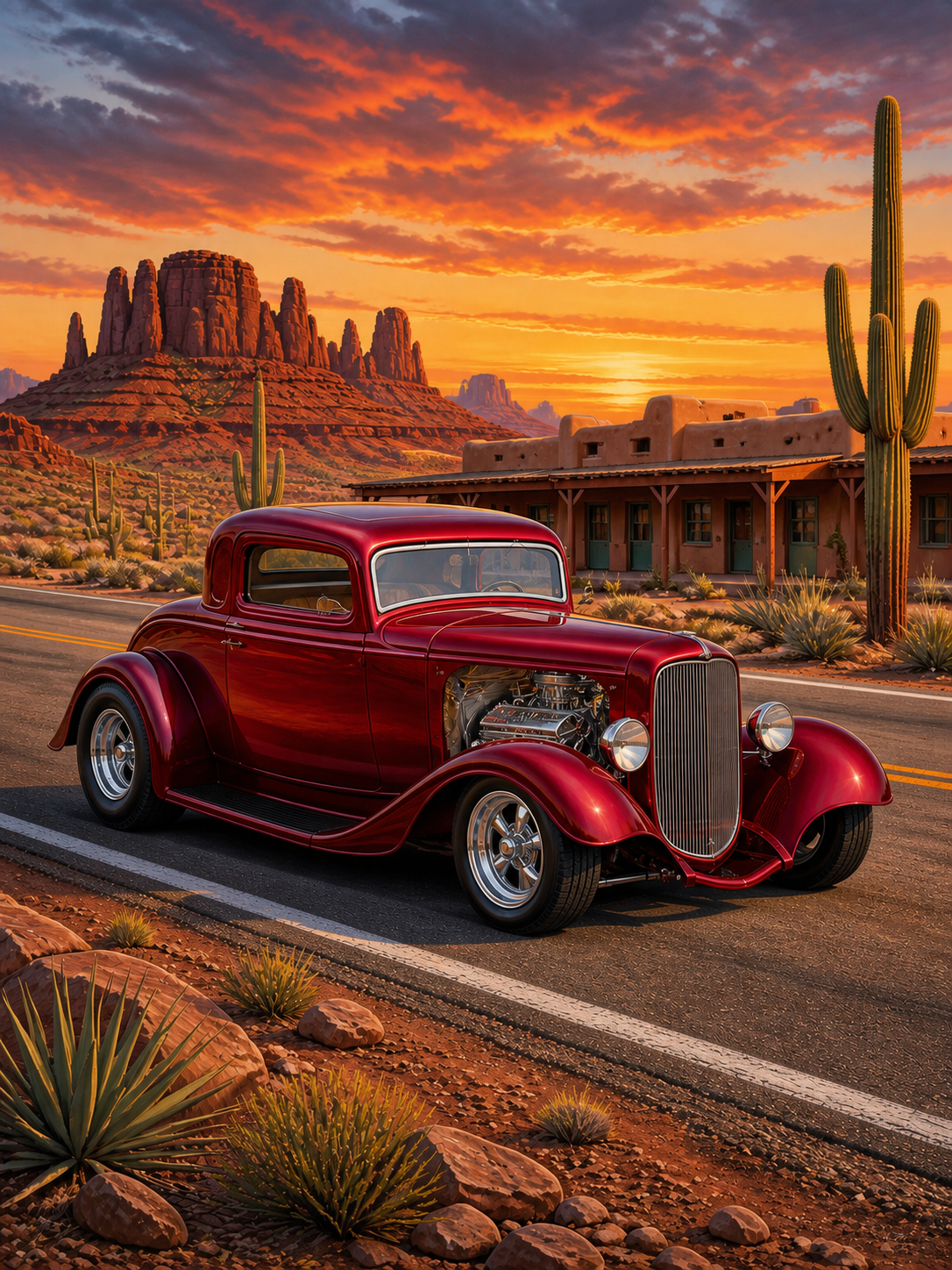 Diamond Painting Hot Rod op Route 66 met dieprode hot rod op een weg door het zuidwesten van Amerika