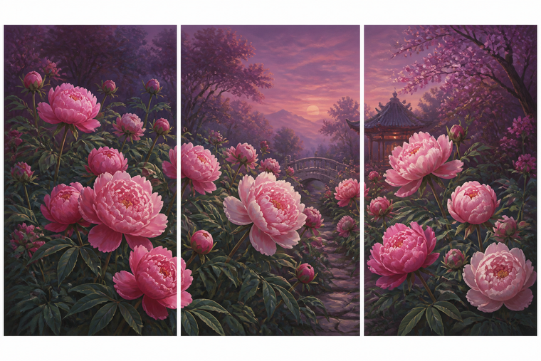Diamond Painting Roze Pioenrozen 3-Luik – roze pioenrozen in een doorlopend drieluik
