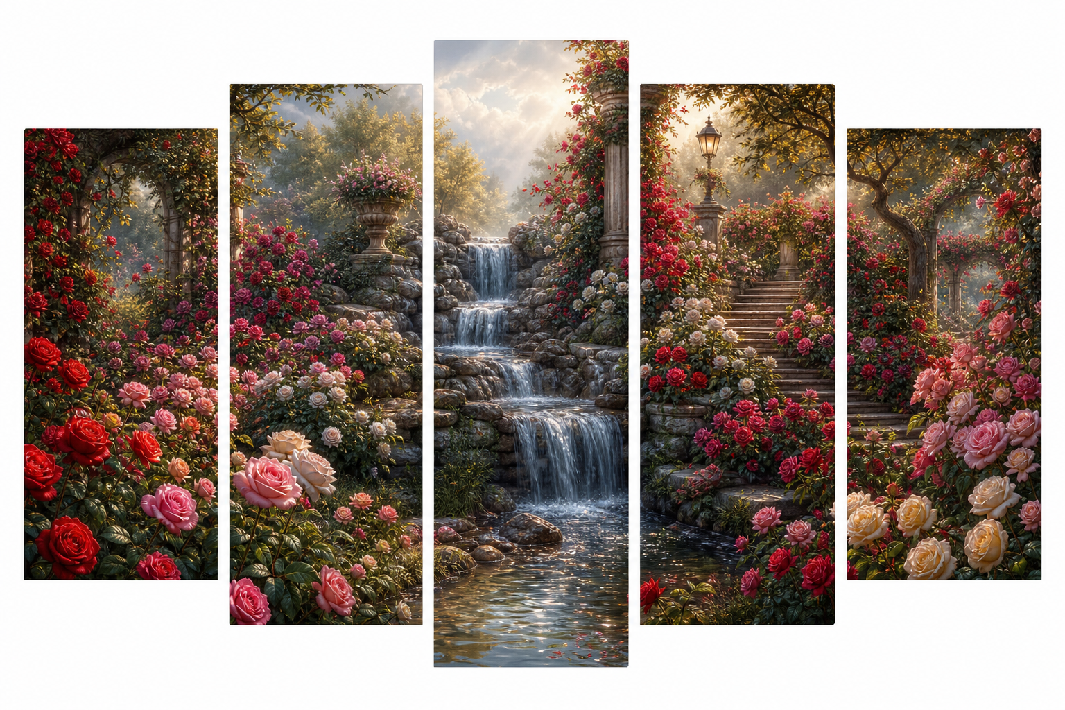 Diamond Painting Rozentuin 5-Luik – een kleurrijke rozentuin met waterval verdeeld over vijf panelen