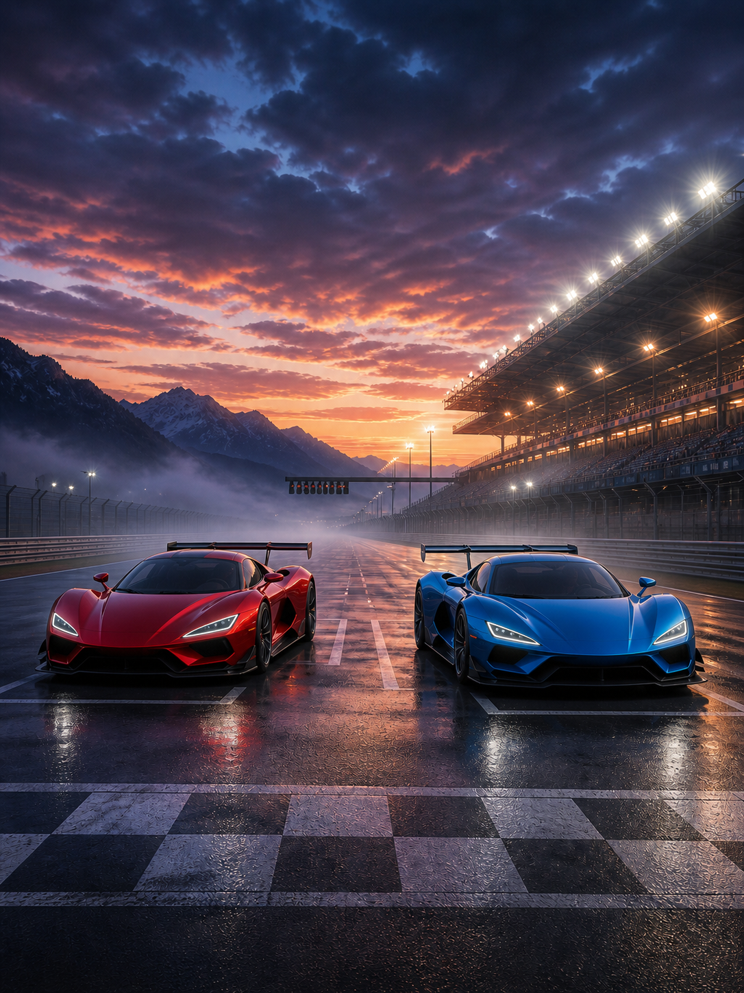 Diamond Painting Twee Raceauto’s op de Startgrid met rode en een blauwe raceauto samen op een lege startgrid