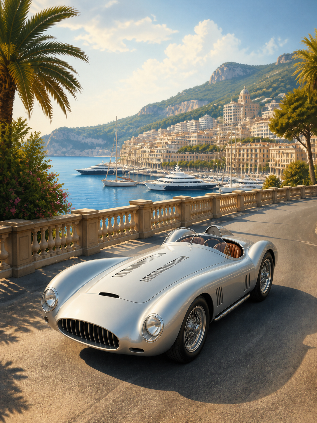 Diamond Painting Vintage Raceauto bij de Haven met zilveren open raceauto uit de jaren vijftig bij een mediterrane haven