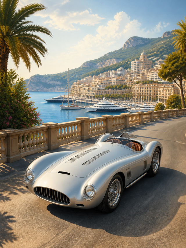 Diamond Painting Vintage Raceauto bij de Haven met zilveren open raceauto uit de jaren vijftig bij een mediterrane haven