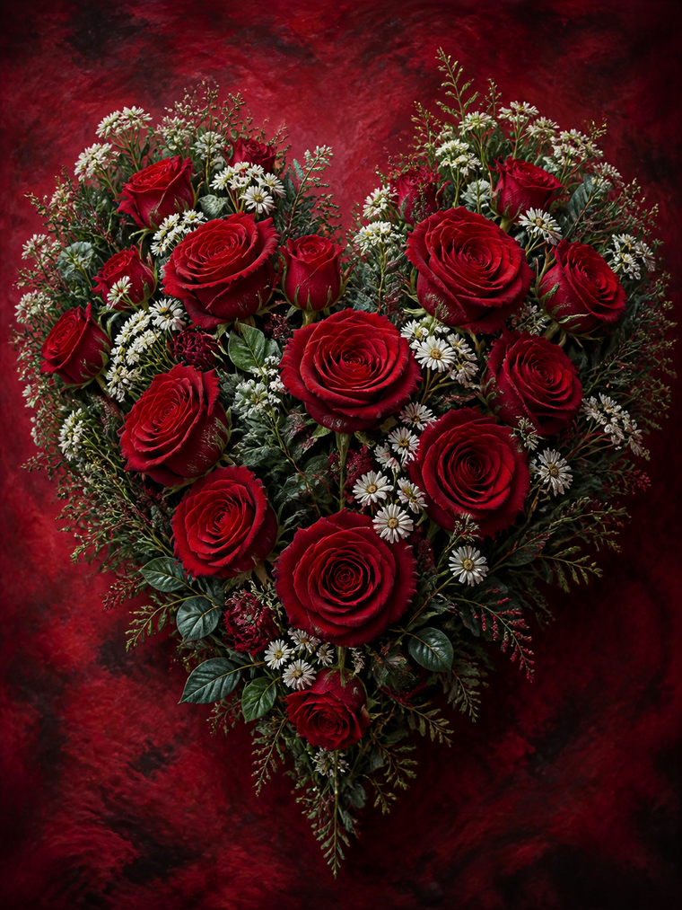 Diamond Painting Bloemenhart met Rode Rozen – een rijk bloemenhart van rode rozen en witte veldbloemen