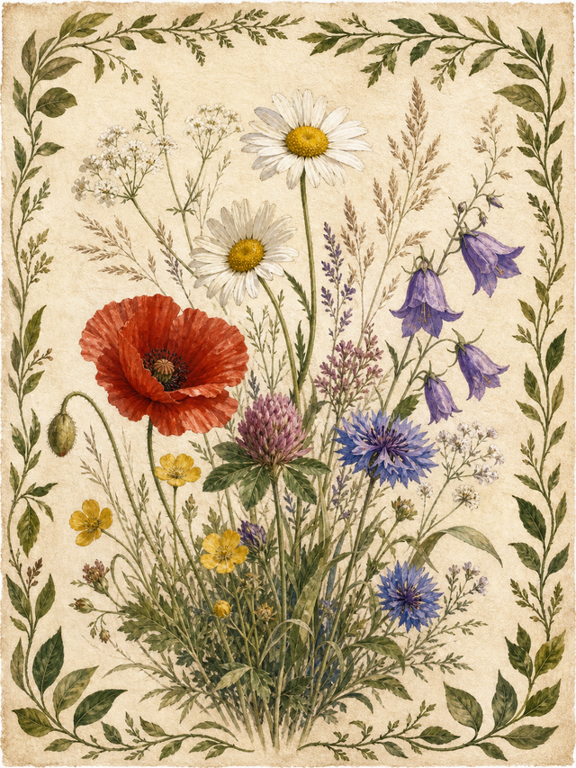 Diamond Painting Botanische Bloemenkaart Vintage – een vintage botanische kaartcompositie met veldbloemen
