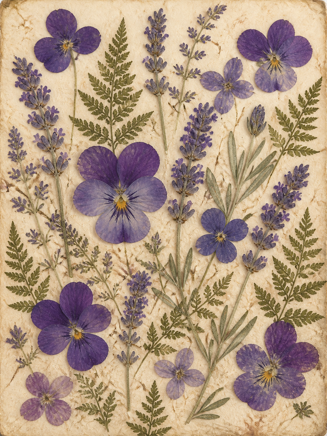 Diamond Painting Kaart met Geperste Paarse Bloemen – een kaartcompositie met geperste paarse bloemen en varenbladeren