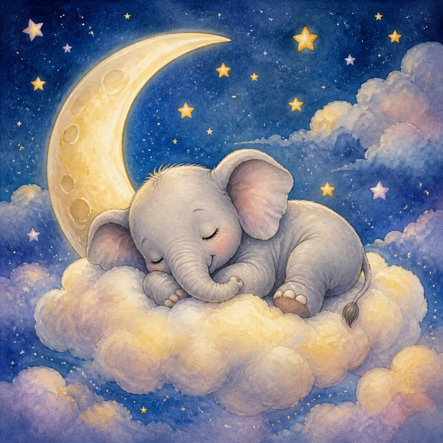 Diamond Painting Slapende Babyolifant op een Maanwolk – volledig origineel babykamerontwerp