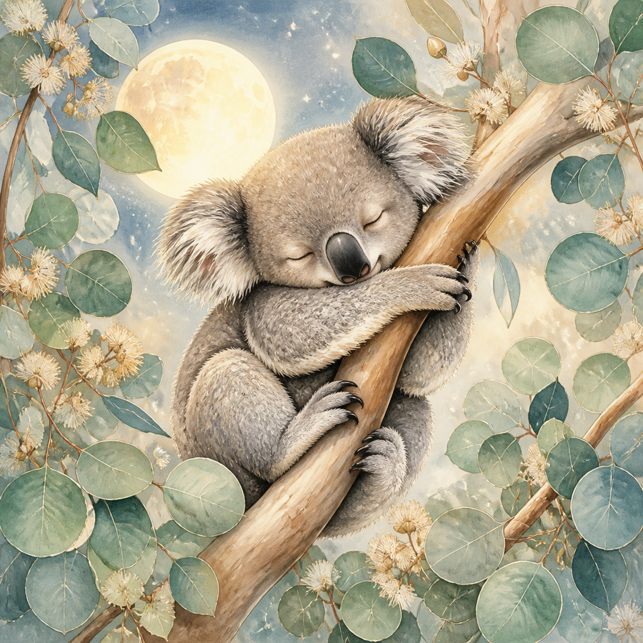 Diamond Painting Slapende Koala op een Eucalyptustak – volledig origineel babykamerontwerp