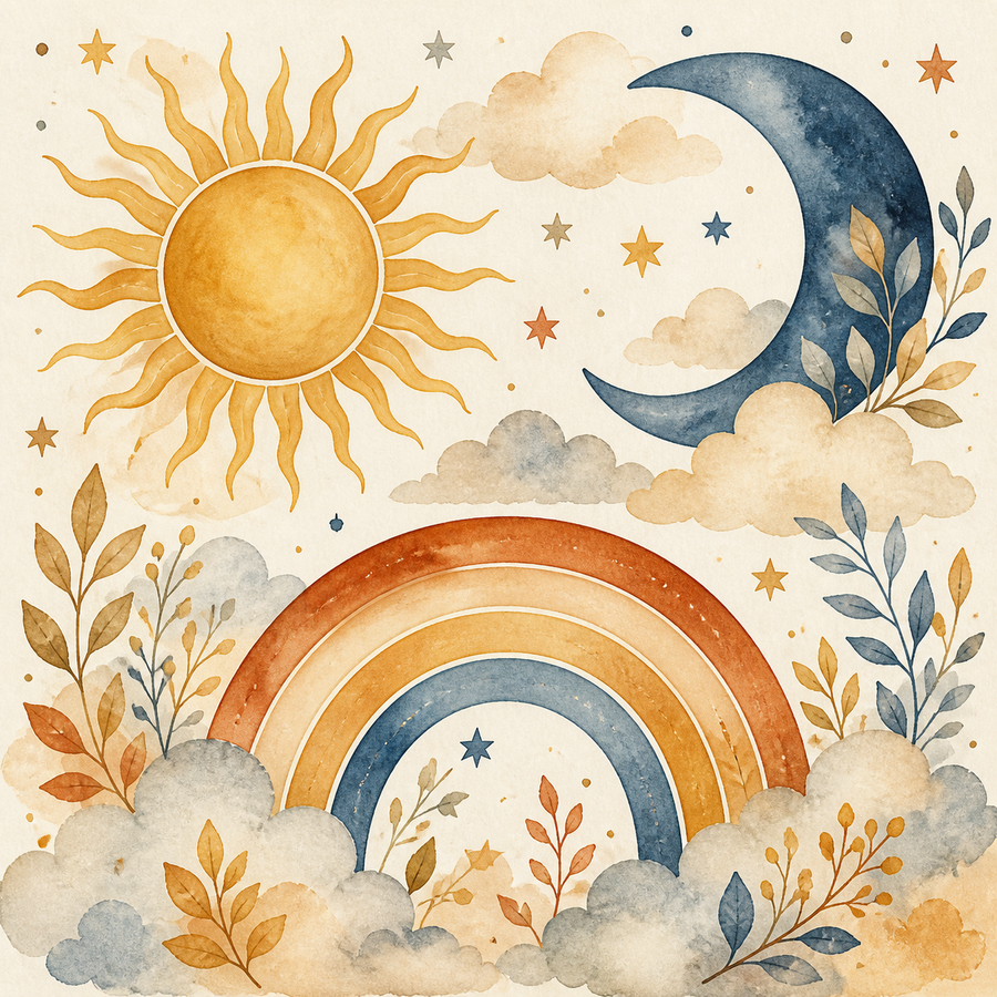 Diamond Painting Zon, Maan en Regenboog – volledig origineel babykamerontwerp