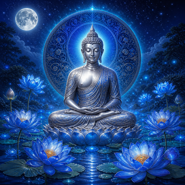 Diamond Painting Boeddha in de Blauwe Lotusnacht – volledig Boeddha-ontwerp