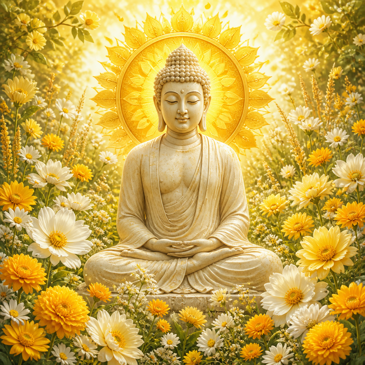 Diamond Painting Boeddha met Zonnige Bloemengloed – volledig Boeddha-ontwerp