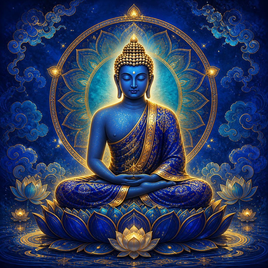 Diamond Painting Boeddha in Koninklijk Blauw – volledig Boeddha-ontwerp