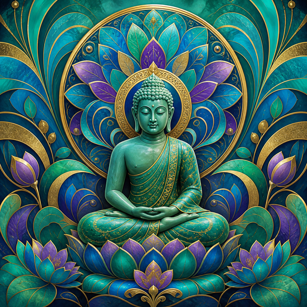 Diamond Painting Boeddha in Pauwkleuren – volledig Boeddha-ontwerp