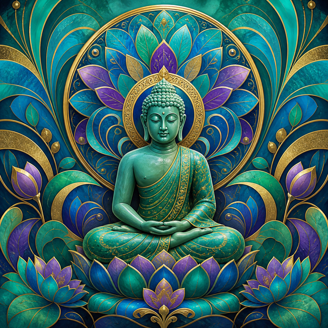 Diamond Painting Boeddha in Pauwkleuren – volledig Boeddha-ontwerp