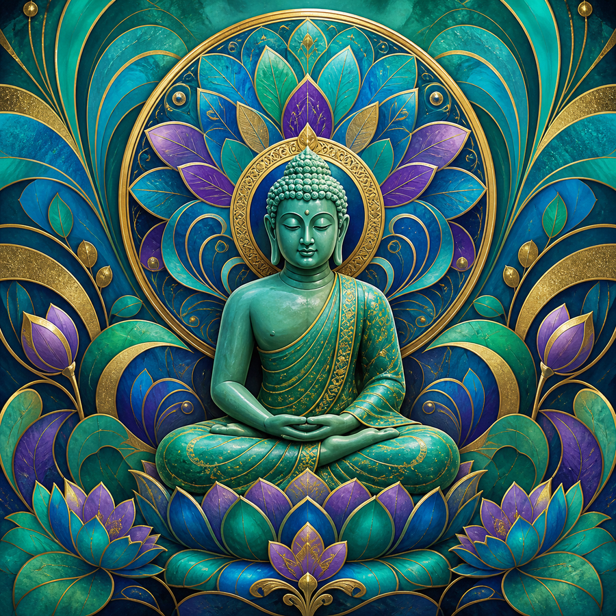 Diamond Painting Boeddha in Pauwkleuren – volledig Boeddha-ontwerp