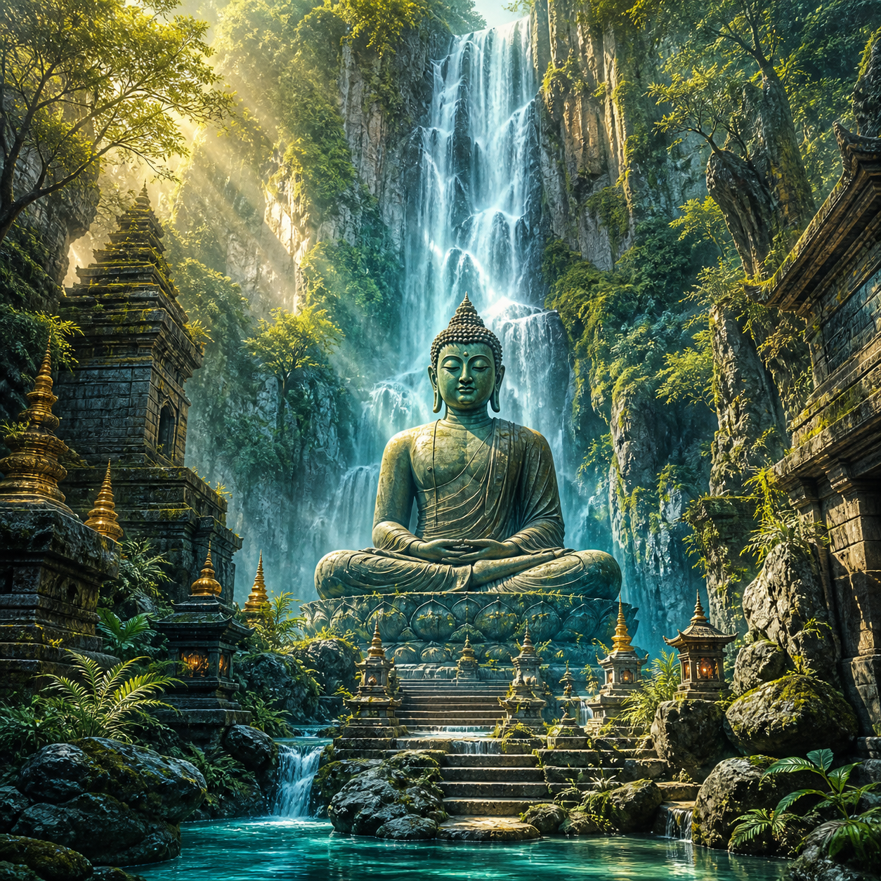 Diamond Painting Boeddha bij de Watervaltempel – volledig Boeddha-ontwerp