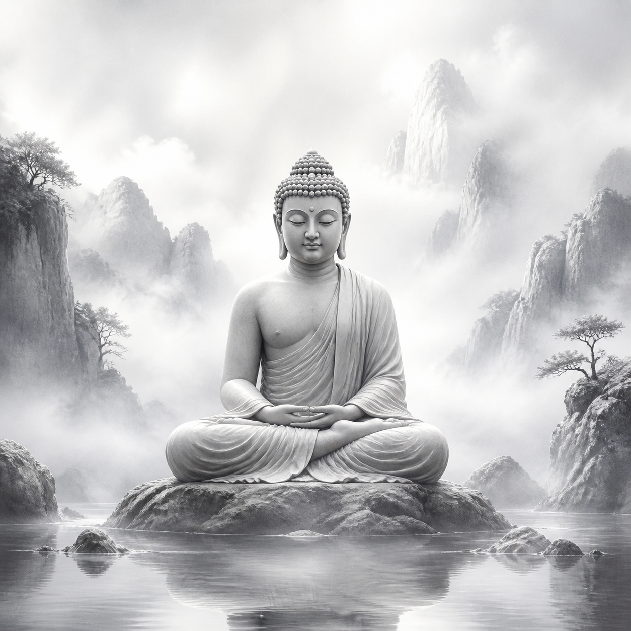 Diamond Painting Monochrome Boeddha in Mist – volledig Boeddha-ontwerp
