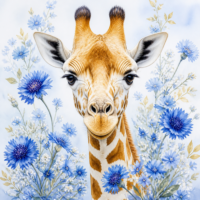 Diamond Painting Giraffe in Blauwe Bloemen – volledig origineel giraffeontwerp